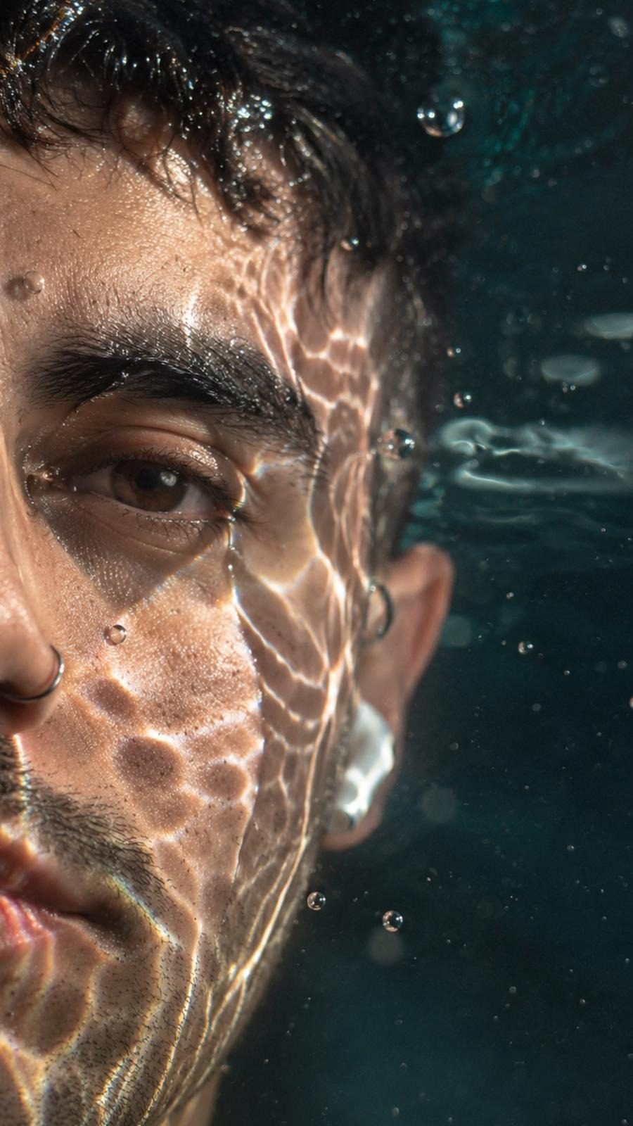 Retrato de cerca bajo el agua, parte del universo visual de Mozzo Estudio Web